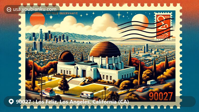 Modern illustration of Los Feliz, Los Angeles, California, emphasizing Griffith Observatory and ZIP code 90027, featuring vintage postcard design with postal elements and urban landscape.