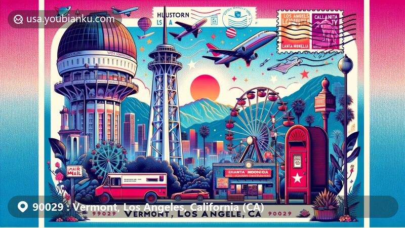 Modern illustration of Vermont, Los Angeles, California, featuring Griffith Observatory, Hollywood Sign, Santa Monica Pier, and Urban Light Installation among postal elements.