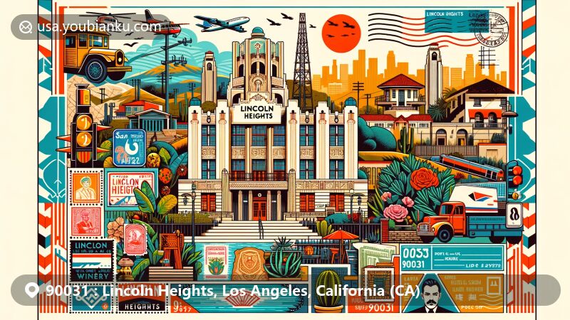 Modern illustration of Lincoln Heights, Los Angeles, California, capturing the essence of the 90031 ZIP code area with San Antonio Winery, Lincoln Heights Jail, and Lincoln Park, reflecting diverse heritage from Mexican, Italian, and Chinese communities.