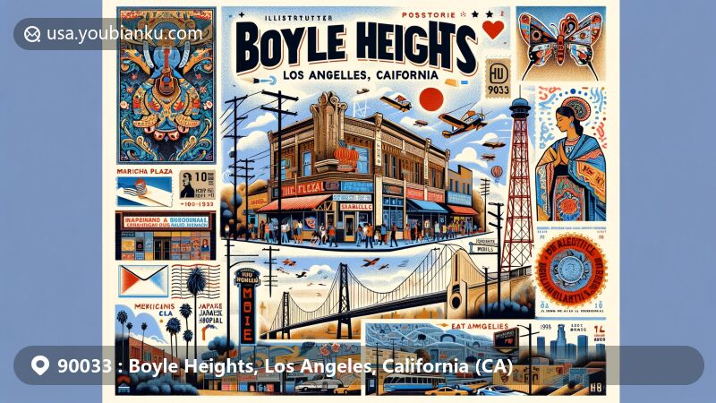 Modern illustration of Boyle Heights, Los Angeles, California, presenting postal theme with ZIP code 90033, highlighting Mariachi Plaza and the neighborhood's cultural diversity.