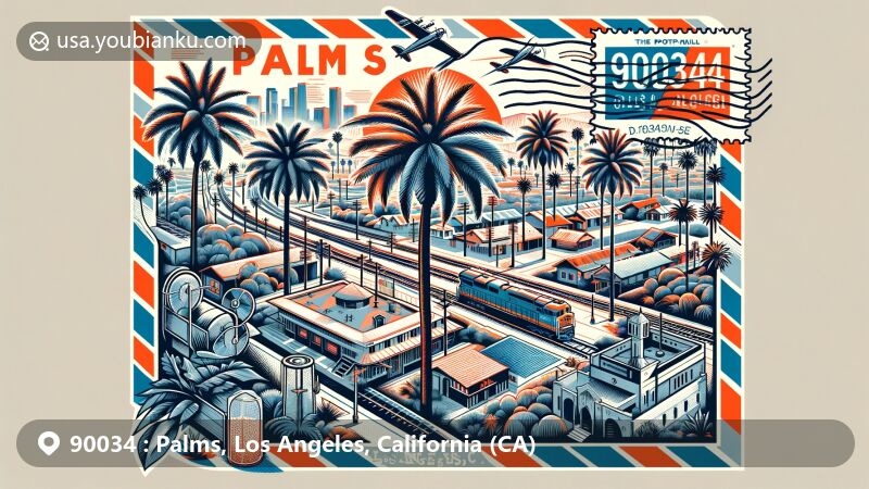 Modern illustration of Palms neighborhood in Los Angeles, California, showcasing iconic palm trees and postal theme with ZIP code 90034, reflecting historical ties to railroads and contemporary urban character.