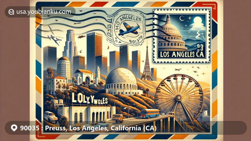 Modern illustration of Los Angeles, California, showcasing postal theme with ZIP code 90035, featuring iconic landmarks like the Hollywood Sign, Griffith Observatory, Santa Monica Pier, Getty Center, and more.
