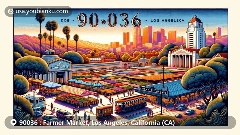 Modern illustration of Farmers Market and The Grove in Los Angeles, California, capturing historic and cultural significance with Art Deco-style architecture and palm trees in the backdrop.