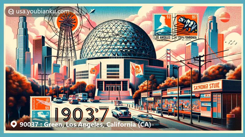 Modern illustration of the Vermont Square community and California Science Center in ZIP code 90037, Los Angeles, featuring unique architecture and vibrant postal elements like stamps and postmark.