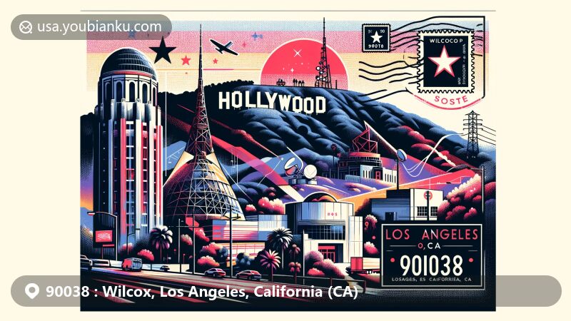 Modern illustration of Wilcox, Los Angeles, CA, showcasing ZIP code 90038 with Hollywood Sign and Griffith Observatory, California state flag, postal elements, and vibrant colors.