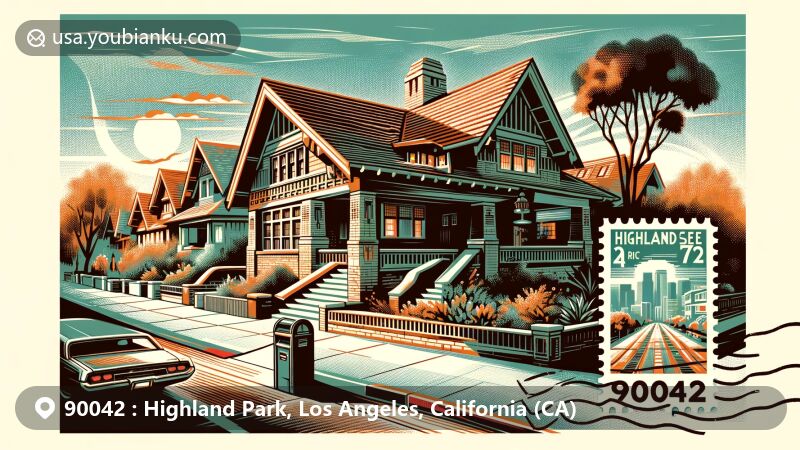 Modern illustration of Highland Park, Los Angeles, California, showcasing Craftsman-style architecture, Figueroa Street, Arroyo Seco Parkway, and community vitality.