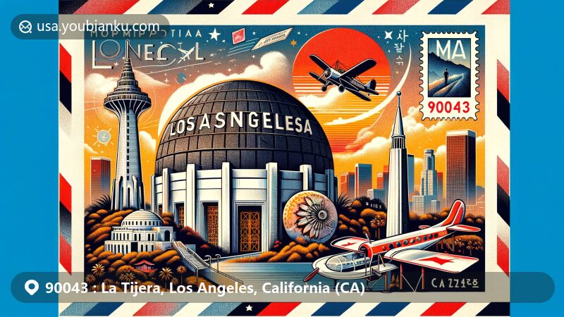 Modern illustration of Los Angeles, California, blending postal elements with iconic landmarks like Griffith Observatory, Hollywood Sign, Santa Monica Pier, and Korean Friendship Bell.