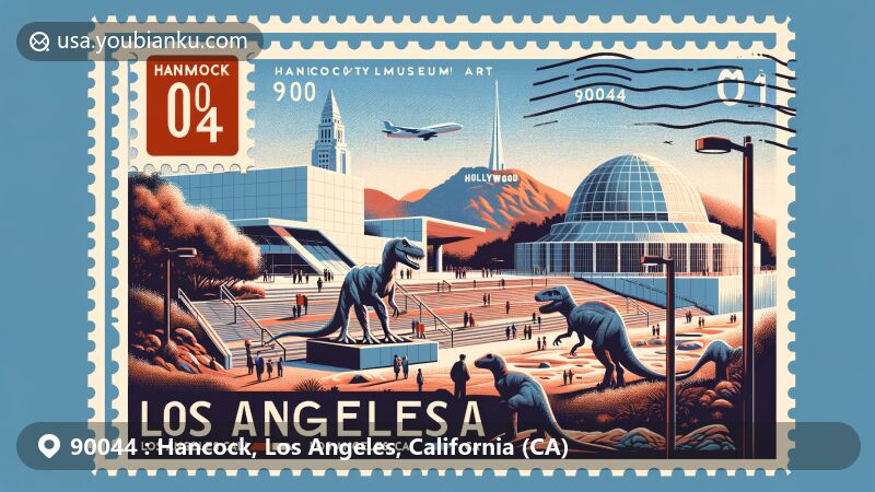 Modern illustration of Hancock, Los Angeles, California, representing ZIP code 90044, featuring LACMA, La Brea Tar Pits sculptures, and the Hollywood Sign.