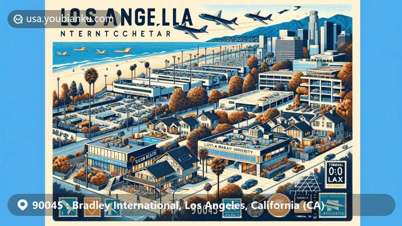 Contemporary illustration of Westchester, Los Angeles, California, showcasing urban and educational elements including LAX and Terminal B Tom Bradley, Silicon Beach tech hub, ranch-style homes, and Loyola Marymount University.