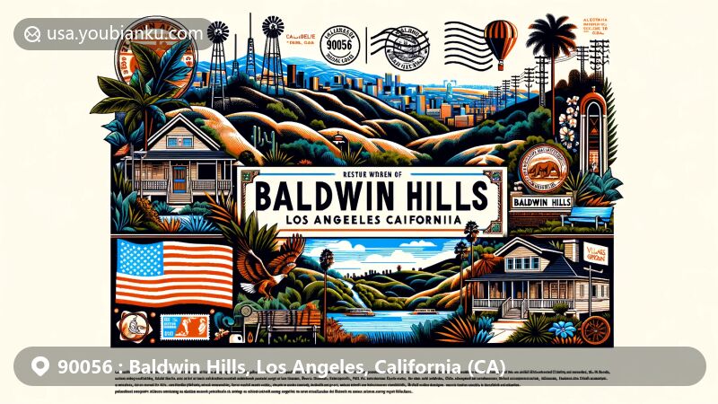 Modern illustration of Baldwin Hills, Los Angeles, California, capturing scenic beauty and cultural significance, featuring Kenneth Hahn State Regional Park, Baldwin Hills Scenic Overlook, Village Green, and California state flag.