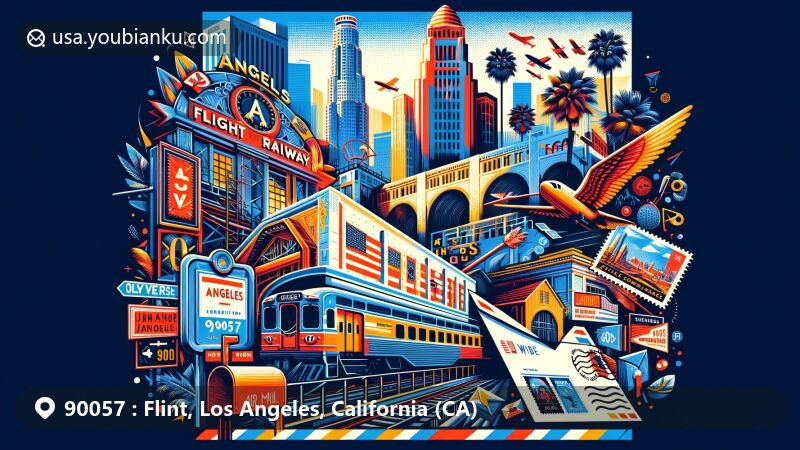 Modern illustration of Los Angeles landmarks integrated with postal elements for ZIP code 90057, highlighting Angels Flight Railway and other famous sites in vibrant style.