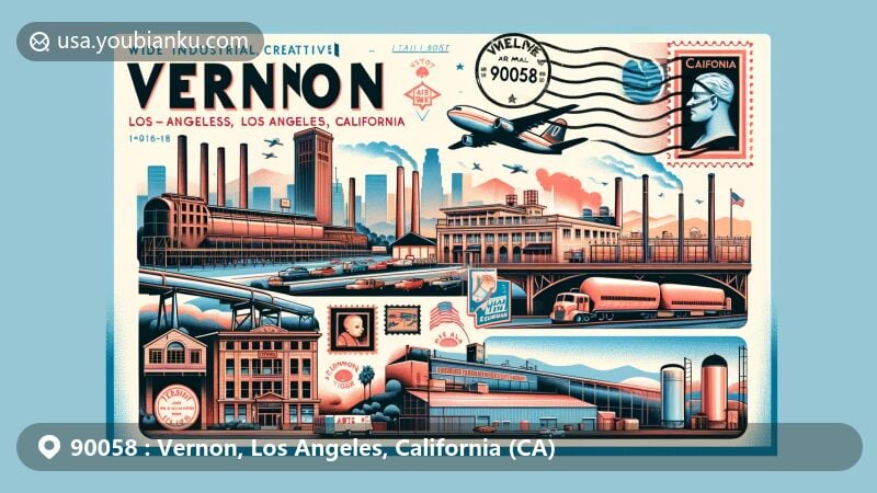 Modern illustration of Vernon, Los Angeles County, California, featuring industrial and historical elements with ZIP code 90058, showcasing industrial buildings, warehouses, meatpacking plants, and references to its history, including the Battle of La Mesa and sporting attractions like the Vernon Tigers baseball team.