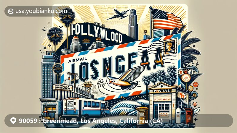 Modern illustration of the 90059 ZIP code area in Los Angeles, California, featuring the Hollywood Sign, Santa Monica Pier, palm trees, and the California state flag, centered around an airmail envelope with stamps, postmark, mailbox, and mail van.