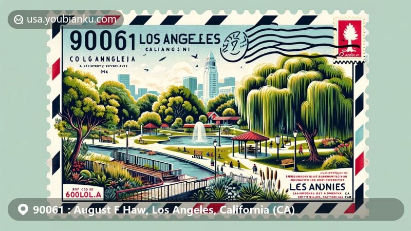 Modern illustration of Augustus F. Hawkins Park in ZIP code 90061 area, blending city's postal theme with vibrant community elements, including postage stamps and postmarks. Captures the park's green space charm in urban South Los Angeles.