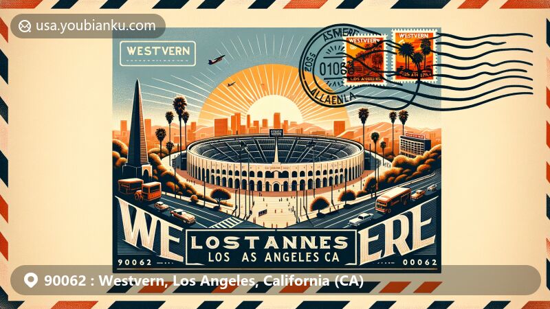 Vintage-style illustration of Los Angeles Memorial Coliseum and Westvern area, featuring airmail envelope with California sunset, palm trees, postal stamps, and zip code 90062, blending sports, culture, and urban essence.