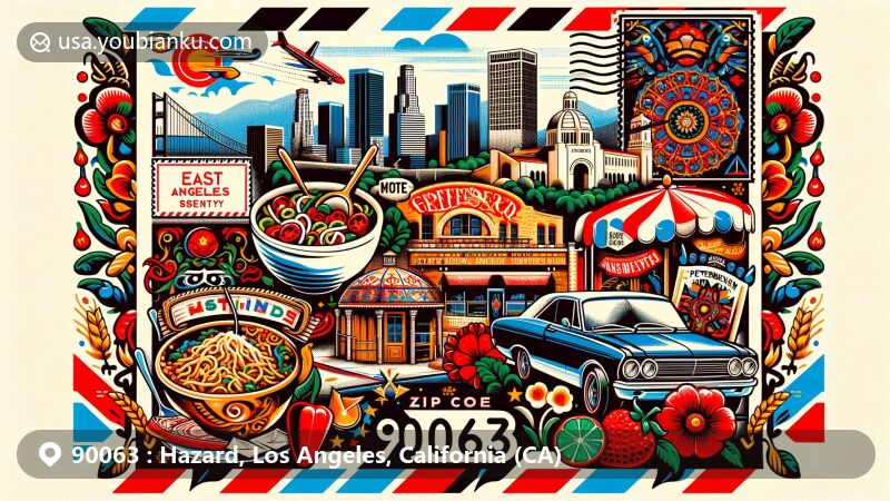 Modern illustration of Hazard area in East Los Angeles, California, featuring ZIP code 90063, portraying vibrant multiethnic community with Mexican cuisine, social justice murals, and iconic LA landmarks.