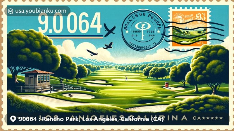Illustration featuring postal code 90064 for Rancho Park, Los Angeles, CA, showcasing Rancho Park Golf Course and California state flag in a sunny, recreational setting.