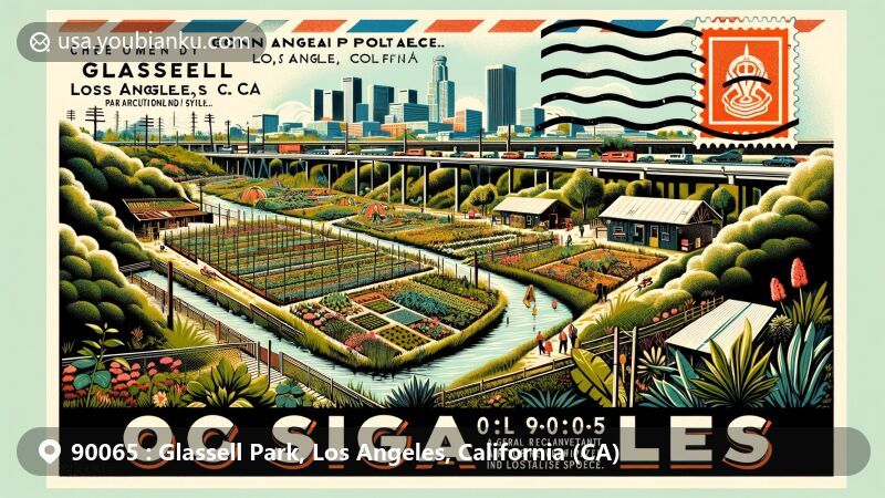 Modern illustration of Glassell Park, Los Angeles, California, capturing the essence of ZIP code 90065, featuring Glassell Park Community Garden and postal elements in a vibrant and urban-natural blend.
