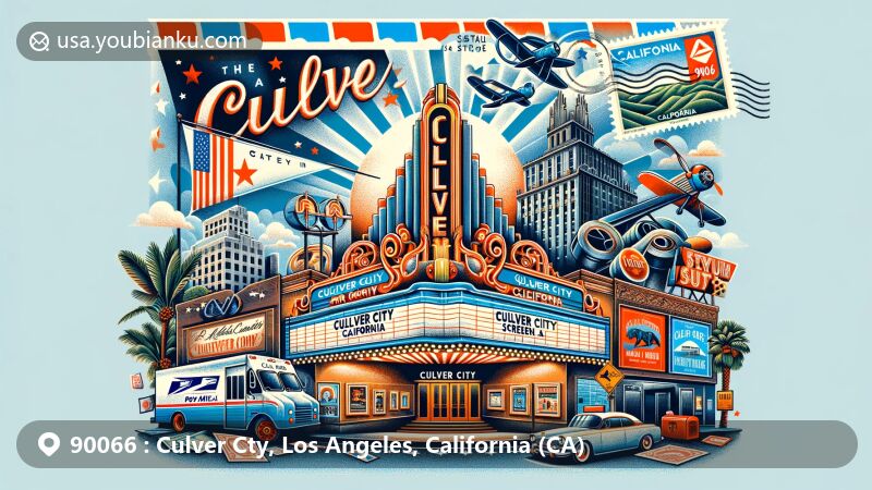 Modern illustration of Culver City, Los Angeles County, California, showcasing postal theme with ZIP code 90066, featuring Culver City's nickname 'The Heart of Screenland,' iconic cinema marquee inspired by Culver Theatre, California state flag, vintage air mail envelope, stamps, and postmark.