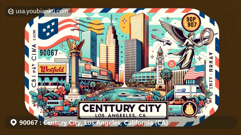 Modern illustration of Century City, Los Angeles, California, showcasing iconic landmarks like Constellation Place, Century Plaza Towers, and Westfield Century City Mall, with California state flag elements.