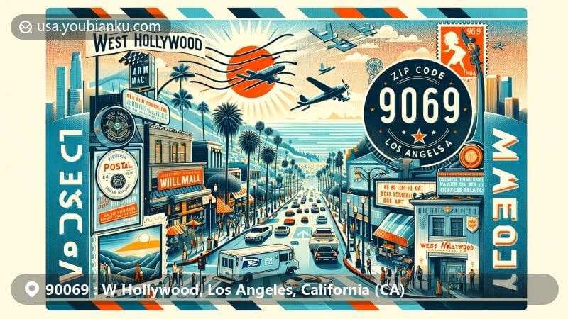Modern illustration of West Hollywood, Los Angeles, California, inspired by ZIP code 90069, featuring vibrant nightlife, celebrity culture, arts scene, and Pacific Ocean views, suitable for postal themes like postcards and airmail envelopes.