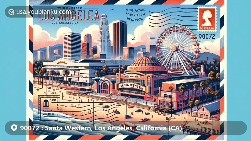 Modern illustration of Santa Western, Los Angeles, California, capturing iconic landmarks such as Santa Monica Pier with its Ferris wheel, architectural marvel Getty Center, vibrant Venice Beach, and distinctive Petersen Automotive Museum, all integrated creatively in a dynamic and visually appealing composition celebrating the cultural diversity and richness of Los Angeles. The artwork features a sunny California day backdrop with palm trees and the LA skyline, along with a stylized airmail envelope in the foreground showcasing these landmarks popping out as if from a letter, prominently marked with the '90072' ZIP code, California flag stamp, 'Santa Western, Los Angeles, CA' postmark, and a retro-style mail truck in the corner, blending old and new elements in a colorful and engaging design representing the charm and character of the '90072' postal code area.