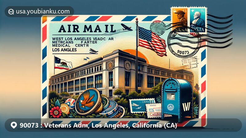 Modern illustration of West Los Angeles Veterans Affairs Medical Center, featuring California state flag in the background, postal elements like vintage postcard and stamps with ZIP code 90073.