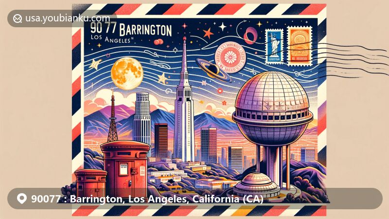 Modern illustration of Barrington, Los Angeles, California, embodying ZIP code 90077, featuring iconic landmarks like Griffith Observatory, Hollywood Sign, and Santa Monica Pier, highlighting cultural diversity with Korean Friendship Bell, designed as vintage airmail postcard with stamps and postal elements.