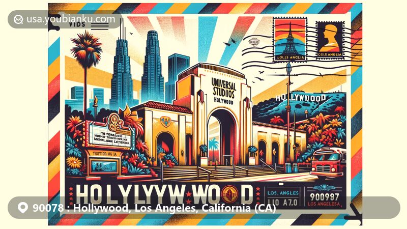 Modern illustration of Hollywood, Los Angeles, California (CA), capturing the essence of the zip code 90078, with iconic Universal Studios Hollywood entrance, Hollywood sign, and California state flag integrated in the background.