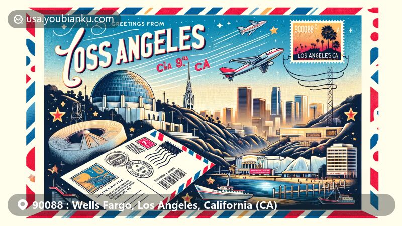 Modern illustration of 90088 (Wells Fargo area) in Los Angeles, California, showcasing iconic landmarks like the Hollywood Bowl, Griffith Observatory, and Santa Monica Pier, combined with vintage postal elements including a postcard layout, airmail envelope edges, Griffith Observatory stamp, and a postmark with '90088' and current date.