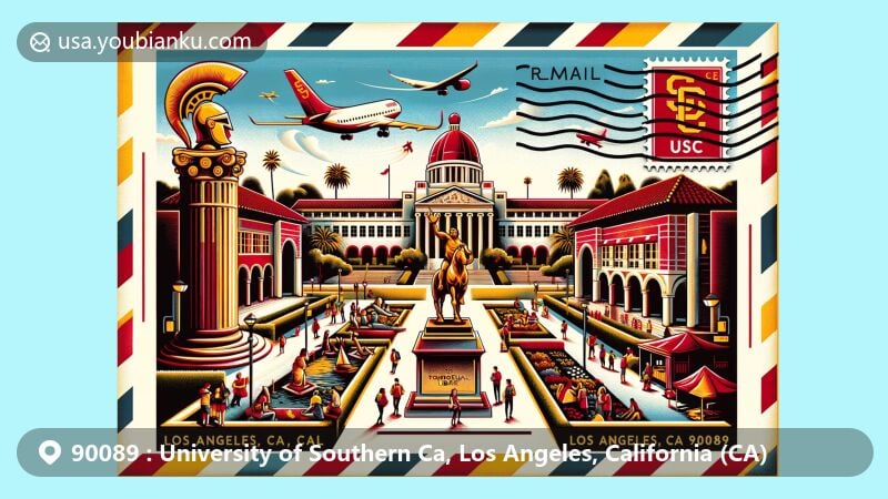 Modern illustration of University of Southern California (USC) in Los Angeles, California, capturing iconic landmarks like Tommy Trojan statue, Doheny Memorial Library, and Mudd Hall, reflecting vibrant campus life and postal theme with USC logo, 'Los Angeles, CA 90089' postmark, and airmail stripes.