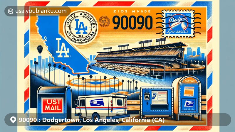 Modern illustration of Dodgertown, Los Angeles, California, featuring creative air mail envelope design with Dodger Stadium and California state flag, emphasizing regionality and ZIP code 90090.
