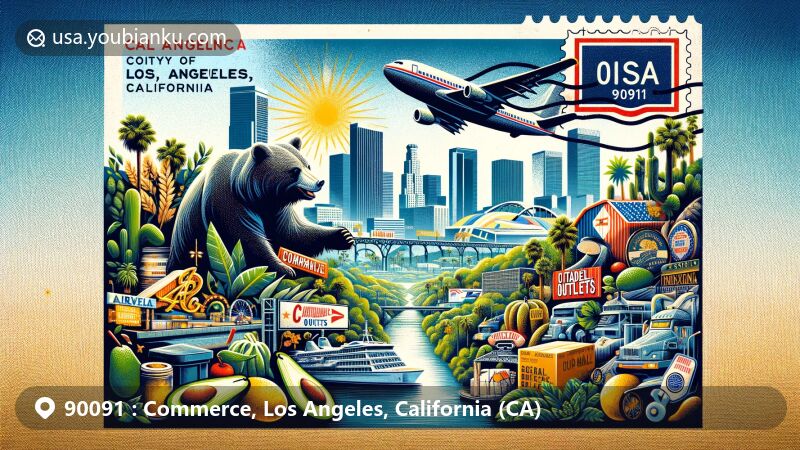 Modern illustration of Commerce, Los Angeles County, California, featuring postal theme with ZIP code 90091, blending iconic symbols of California and Los Angeles, including the grizzly bear, Hollywood sign, palm trees, avocados, industrial nods, and cityscape against a sunny sky with state colors of blue and gold.