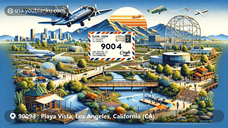 Modern illustration of Playa Vista, Los Angeles, California, honoring aviation history with a postcard theme for ZIP code 90094, featuring the Hughes H-4 Hercules, Ballona Wetlands, and tech company logos.