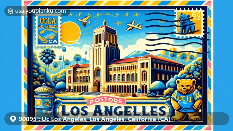Modern illustration of ZIP code 90095, showcasing UCLA's Royce Hall, palm trees, and the California sun, blending postal elements like vintage postcard format and Joe Bruin stamp.