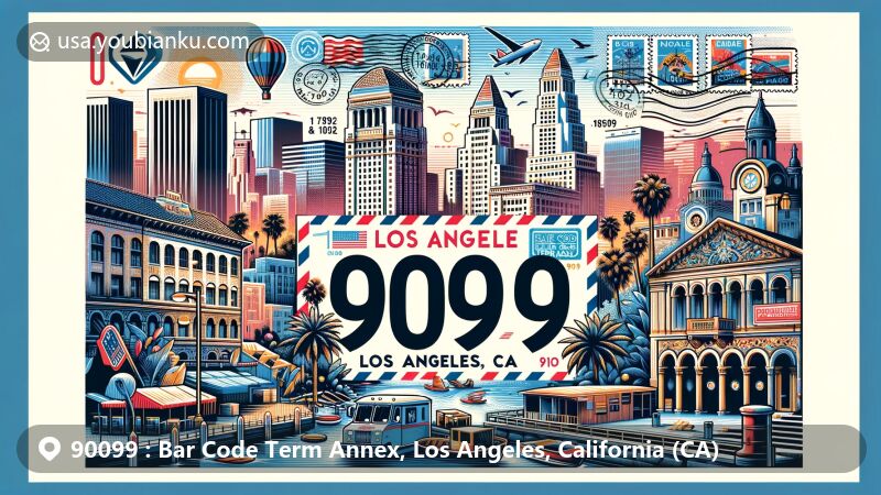 Vibrant illustration of Bar Code Term Annex, ZIP Code 90099, Los Angeles, California, featuring the city skyline, Biltmore Hotel, Venice Canal elements, and vintage postal details.