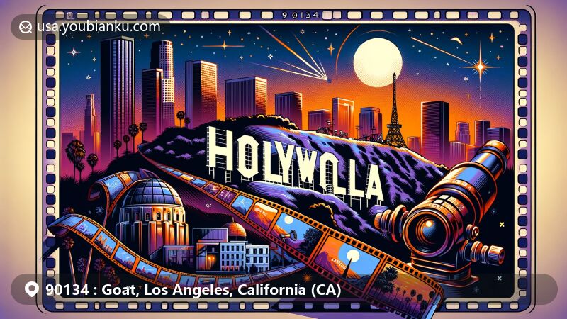 Modern illustration of Los Angeles, California, capturing iconic landmarks like the Hollywood Sign and Griffith Observatory with ZIP code 90134, featuring vibrant colors and creative film strips.