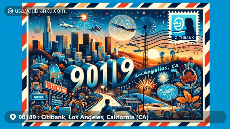 Modern illustration of Citibank area in Los Angeles, California, inspired by airmail envelope design, featuring iconic landmarks like Hollywood Sign and Griffith Observatory, with postal elements such as vintage stamp and postmark for ZIP code 90189.