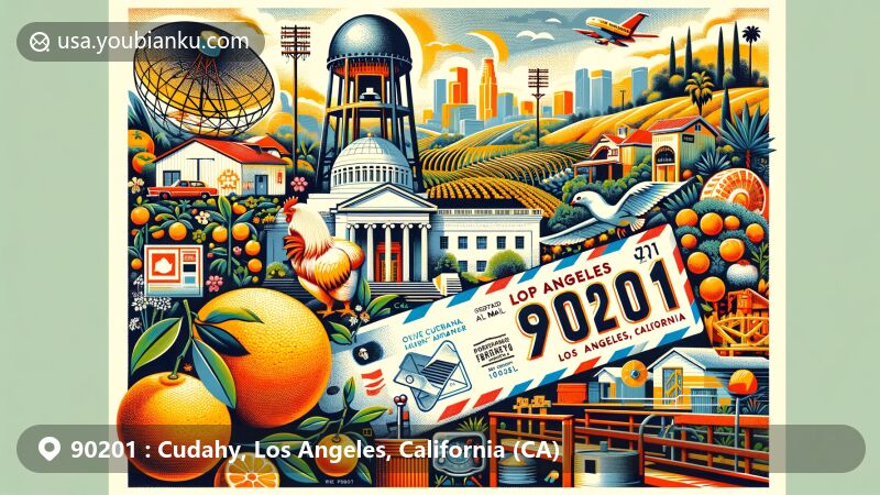 Modern illustration of Cudahy, Los Angeles County, California, featuring postal theme with ZIP code 90201, showcasing local history, Los Angeles landmarks like Griffith Observatory and Santa Monica Pier, the Korean Friendship Bell, and postal elements like a postage stamp and vintage air mail envelope design.