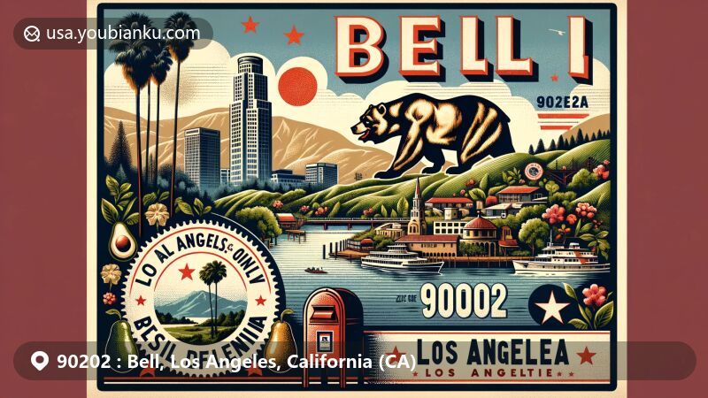 Modern illustration of Bell, Los Angeles County, California, featuring postal theme with ZIP code 90202, showcasing Los Angeles River and iconic symbols of California and Los Angeles.