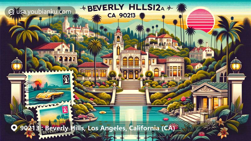Modern illustration of Beverly Hills, California, featuring iconic landmarks like the Beverly Hills sign, Rodeo Drive, Greystone Mansion, and The Witch's House. The design includes postal elements with a vintage stamp, postmark, and 'Greetings from Beverly Hills.'
