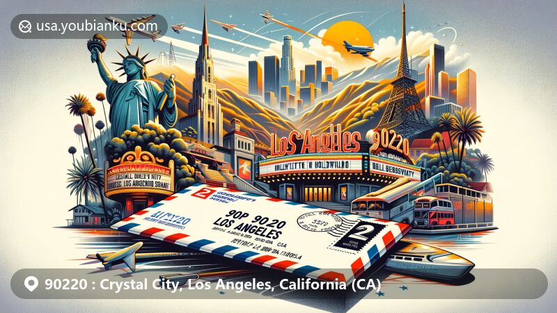 Modern illustration of Crystal City, Los Angeles, California, blending postal themes with iconic landmarks like Los Angeles Theatre, Hollywood Sign, Griffith Observatory, Santa Monica Pier, and the Korean Friendship Bell, featuring vintage airmail envelope with ZIP code 90220.