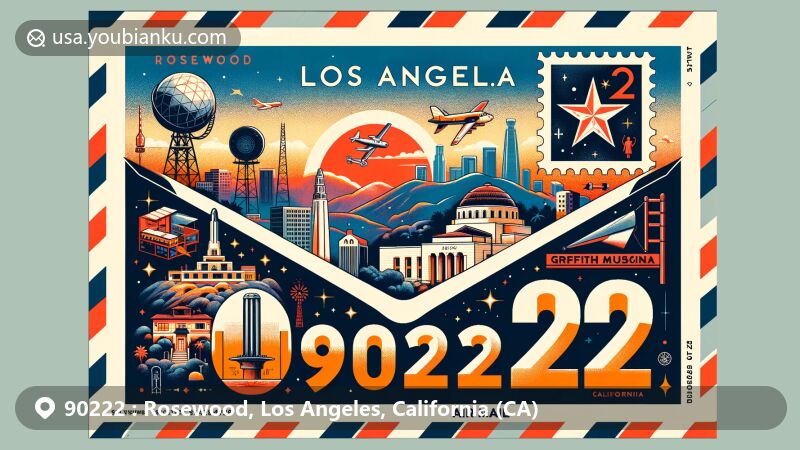 Colorful illustration of Rosewood, Los Angeles, California, featuring air mail envelope with Hollywood Sign, Griffith Observatory, Santa Monica Pier, Korean Friendship Bell, California state flag, postal stamp, and ZIP code 90222.