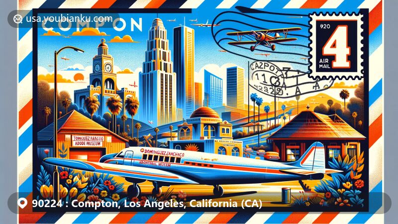 Modern illustration of Compton, Los Angeles County, California, featuring official seal, Tomorrow’s Aeronautical Museum with vintage aircraft, Dominguez Rancho Adobe Museum, and Watts Towers, set in urban backdrop, symbolizing racial diversity, history, and cultural significance.