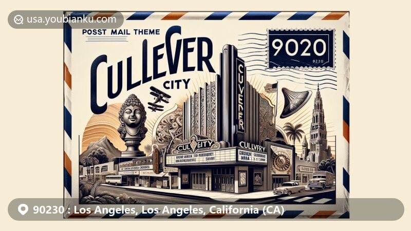 Modern illustration of Culver City, California, on a vintage air mail envelope, showcasing landmarks and cultural symbols, with ZIP code 90230 and iconic city elements.