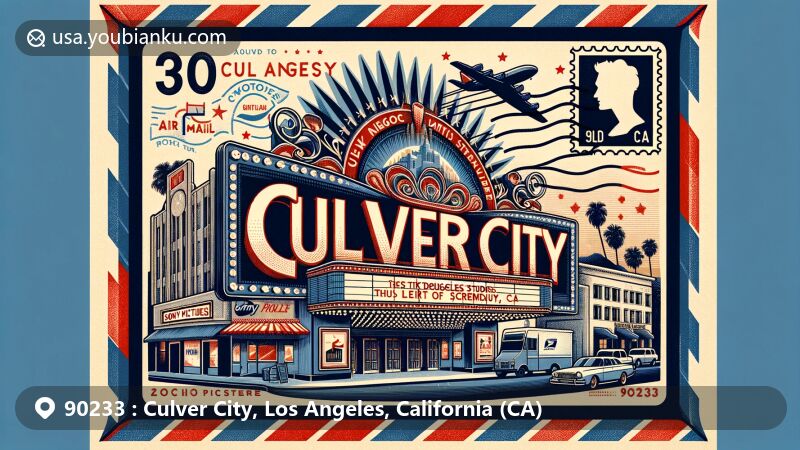 Modern illustration of Culver City, Los Angeles County, California, inspired by Kirk Douglas Theatre marquee, featuring Culver Studios and Sony Pictures Studios, showcasing 'The Heart of Screenland' identity with city flag and LA County outline on vintage air mail envelope design depicting 90233 postal theme.