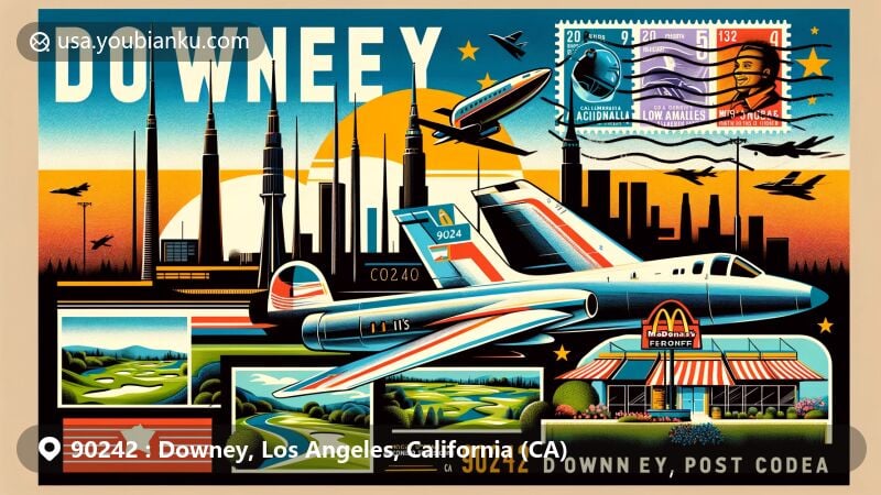Vintage illustration of Downey, California, 90242, with aviation theme honoring Apollo space program, featuring oldest McDonald's, Columbia Memorial Space Center, and Los Amigos Golf Course.