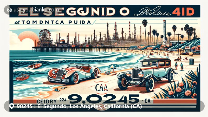 Modern illustration of El Segundo, California, featuring Automobile Driving Museum and Standard Oil Refinery, postal theme with ZIP code 90245, beachside elements, and California symbols.