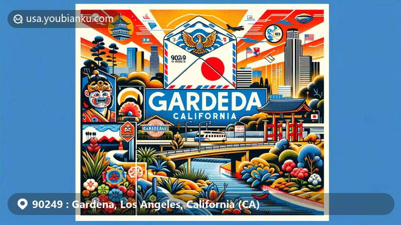 Modern illustration of Gardena, Los Angeles County, California, highlighting postal theme with ZIP code 90249, featuring Gardena flag, Japanese American cultural elements, local landmarks, and the city's 'Freeway City' nickname.