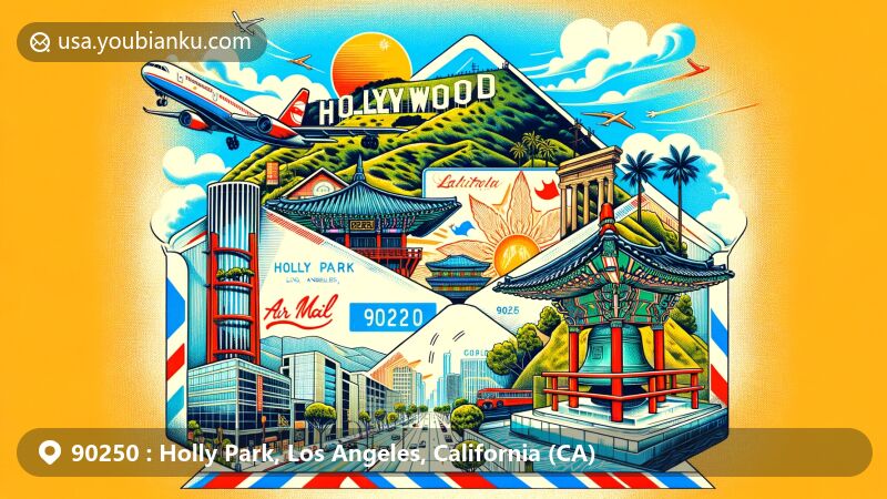 Modern illustration of Holly Park, Los Angeles, California, featuring vintage air mail envelope theme, Hollywood Sign, Korean Friendship Bell, sunny California backdrop, ZIP code 90250, and musical history nod to The Beach Boys' childhood home.